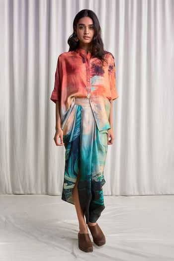 Buy_Dash And Dot_Multi Color Viscose Mandarin Abstract Brushstroke Print Boxy Shirt And Skirt Set _at_Aza_Fashions