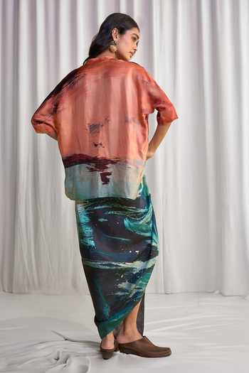 Shop_Dash And Dot_Multi Color Viscose Mandarin Abstract Brushstroke Print Boxy Shirt And Skirt Set _at_Aza_Fashions