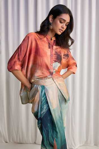 Shop_Dash And Dot_Multi Color Viscose Mandarin Abstract Brushstroke Print Boxy Shirt And Skirt Set _Online_at_Aza_Fashions