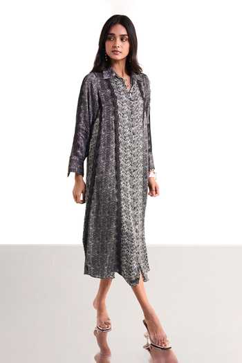 Dash And Dot_Black Viscose Collared Neck Monochrome Printed Lace Dress _Online_at_Aza_Fashions