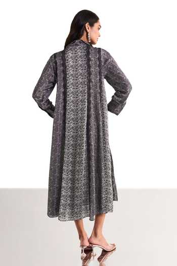 Shop_Dash And Dot_Black Viscose Collared Neck Monochrome Printed Lace Dress _at_Aza_Fashions