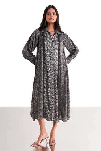 Buy_Dash And Dot_Black Viscose Collared Neck Monochrome Printed Lace Dress _Online_at_Aza_Fashions