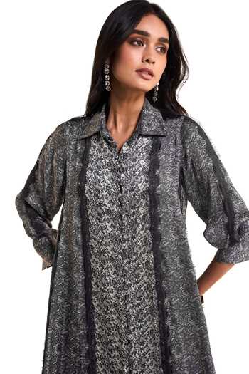 Shop_Dash And Dot_Black Viscose Collared Neck Monochrome Printed Lace Dress _Online_at_Aza_Fashions