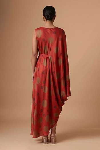 Shop_Vedika M_Red Satin Round Neck Polka Dot Draped Dress And Belt _at_Aza_Fashions