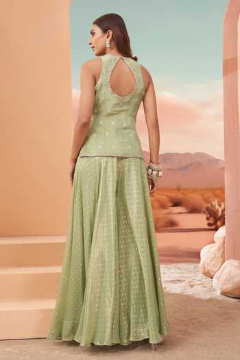Shop_House Of Noori_Green Organza, Tissue V-neck Embroidered Top Sharara Set _at_Aza_Fashions