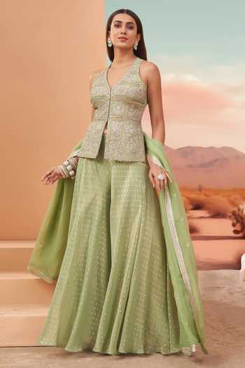 Buy_House Of Noori_Green Organza, Tissue V-neck Embroidered Top Sharara Set _at_Aza_Fashions