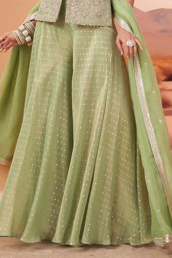 House Of Noori_Green Organza, Tissue V-neck Embroidered Top Sharara Set _Online_at_Aza_Fashions