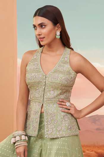 Buy_House Of Noori_Green Organza, Tissue V-neck Embroidered Top Sharara Set _Online_at_Aza_Fashions