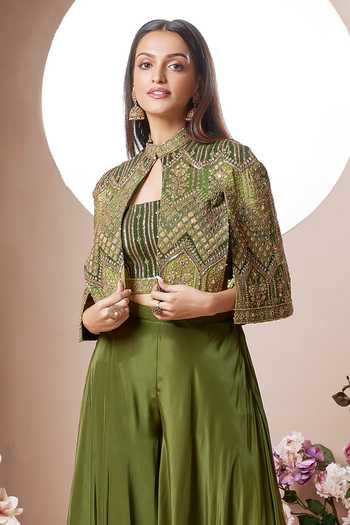 House Of Noori_Green Chinon Square Neck, Mandarin Collar Cutdana Embellished Jacket Sharara Set _Online_at_Aza_Fashions