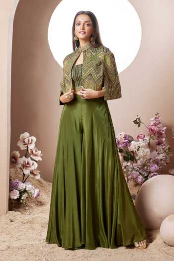 Buy_House Of Noori_Green Chinon Square Neck, Mandarin Collar Cutdana Embellished Jacket Sharara Set _at_Aza_Fashions