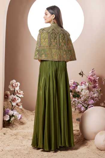 Shop_House Of Noori_Green Chinon Square Neck, Mandarin Collar Cutdana Embellished Jacket Sharara Set _at_Aza_Fashions