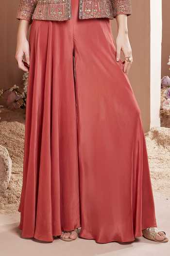 House Of Noori_Coral Chinon Scoop Neck Hand Embroidered Jacket Sharara Set _Online_at_Aza_Fashions