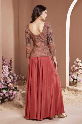 Shop_House Of Noori_Coral Chinon Scoop Neck Hand Embroidered Jacket Sharara Set _at_Aza_Fashions