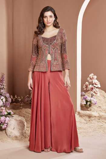 Buy_House Of Noori_Coral Chinon Scoop Neck Hand Embroidered Jacket Sharara Set _at_Aza_Fashions