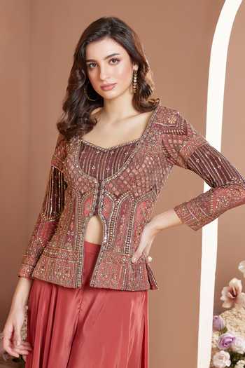 Buy_House Of Noori_Coral Chinon Scoop Neck Hand Embroidered Jacket Sharara Set _Online_at_Aza_Fashions
