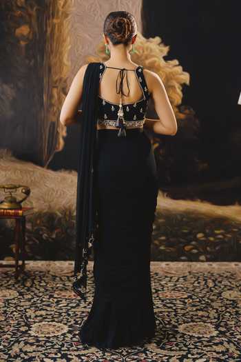 Shop_House Of Noori_Black Georgette Sweetheart Neck Pre-draped Saree With Embroidered Blouse _at_Aza_Fashions