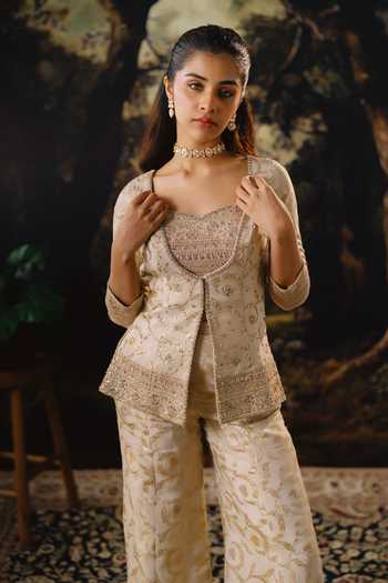House Of Noori_White Silk Open Neck Raw Embroidered Jacket Sharara Set _Online_at_Aza_Fashions