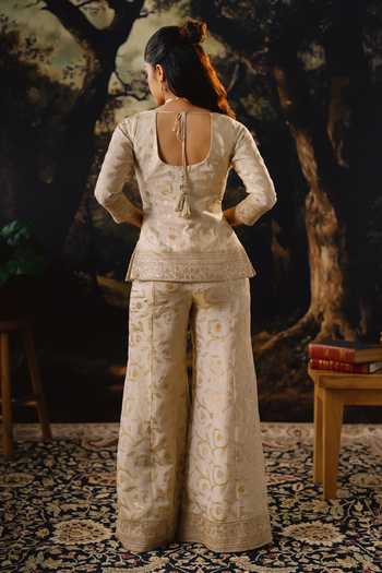 Shop_House Of Noori_White Silk Open Neck Raw Embroidered Jacket Sharara Set _at_Aza_Fashions