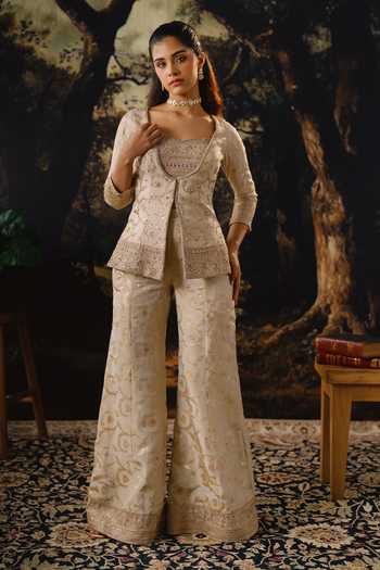 Buy_House Of Noori_White Silk Open Neck Raw Embroidered Jacket Sharara Set _at_Aza_Fashions