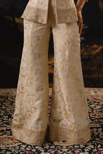 Buy_House Of Noori_White Silk Open Neck Raw Embroidered Jacket Sharara Set _Online_at_Aza_Fashions
