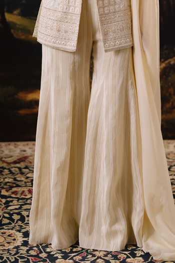 House Of Noori_White Georgette V-neck Hand Embroidered Top Sharara Set _Online_at_Aza_Fashions