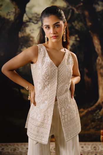 Buy_House Of Noori_White Georgette V-neck Hand Embroidered Top Sharara Set _Online_at_Aza_Fashions