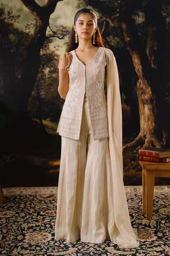 Buy_House Of Noori_White Georgette V-neck Hand Embroidered Top Sharara Set _at_Aza_Fashions