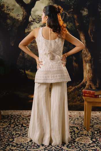 Shop_House Of Noori_White Georgette V-neck Hand Embroidered Top Sharara Set _at_Aza_Fashions