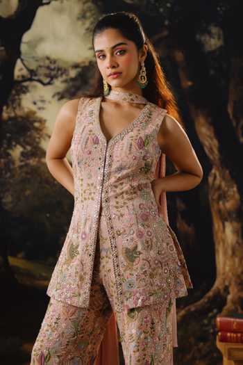 House Of Noori_Pink Organza, Tissue V-neck Embroidered Top Sharara Set _Online_at_Aza_Fashions