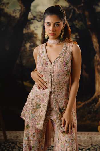 Buy_House Of Noori_Pink Organza, Tissue V-neck Embroidered Top Sharara Set _Online_at_Aza_Fashions
