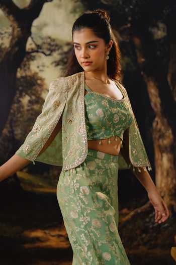 House Of Noori_Green Organza, Tissue Square Neck Hand Embroidered Jacket Sharara Set _Online_at_Aza_Fashions