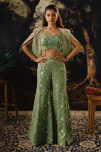 Buy_House Of Noori_Green Organza, Tissue Square Neck Hand Embroidered Jacket Sharara Set _at_Aza_Fashions