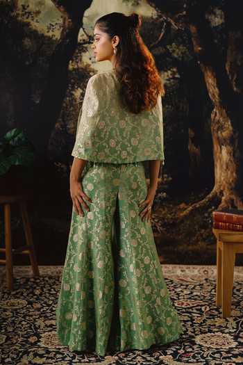 Shop_House Of Noori_Green Organza, Tissue Square Neck Hand Embroidered Jacket Sharara Set _at_Aza_Fashions
