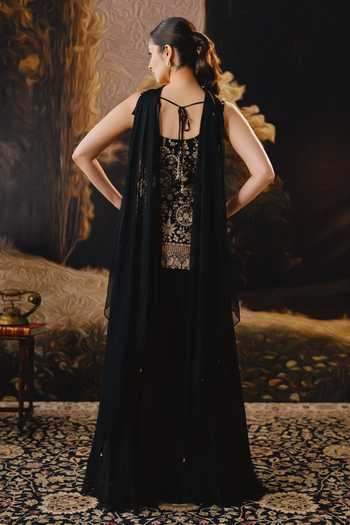 Shop_House Of Noori_Black Georgette Notched Neck Embroidered Top Sharara Set _at_Aza_Fashions