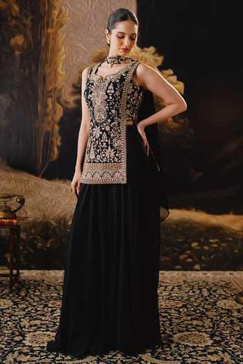 Buy_House Of Noori_Black Georgette Notched Neck Embroidered Top Sharara Set _at_Aza_Fashions