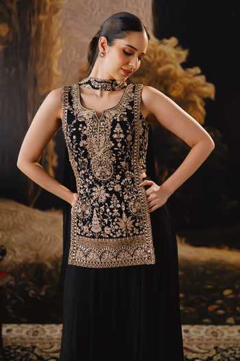 House Of Noori_Black Georgette Notched Neck Embroidered Top Sharara Set _Online_at_Aza_Fashions