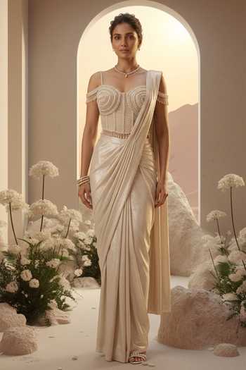 Buy_House Of Noori_Ivory Crepe Sweetheart Neck Saree And Blouse Set _at_Aza_Fashions
