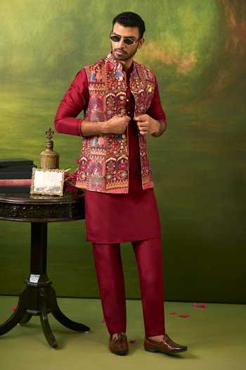 Shop_Arihant Rai Sinha_Maroon Silk Bridal Woven Bundi Set 