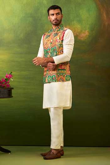 Arihant Rai Sinha_Off White Silk, Jacquard Floral Woven Bundi Set _Online