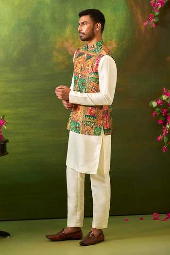 Buy_Arihant Rai Sinha_Off White Silk, Jacquard Floral Woven Bundi Set _Online