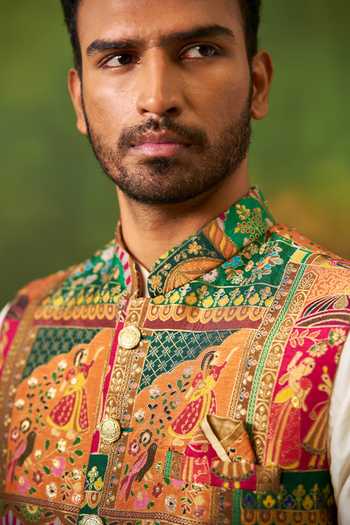 Shop_Arihant Rai Sinha_Off White Silk, Jacquard Floral Woven Bundi Set _Online