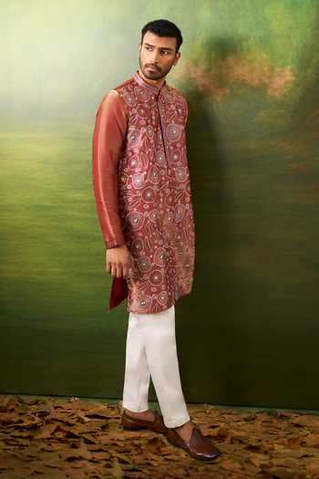Shop_Arihant Rai Sinha_Maroon Silk Thread Embroidered Kurta Set _Online_at_Aza_Fashions