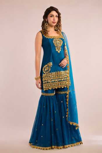 Shop_Saina Kapoor_Blue Dupion, Net Square Neck Gota Patti Work Kurta Gharara Set _Online_at_Aza_Fashions