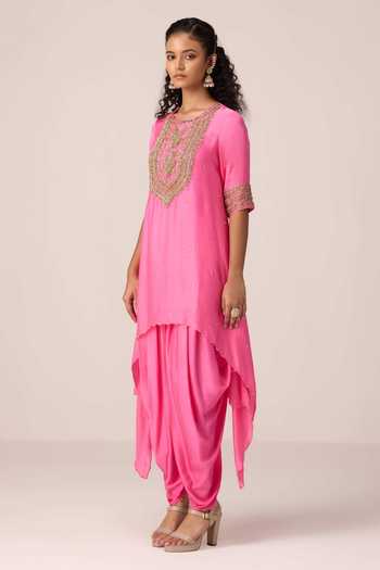 Shyam Narayan Prasad_Pink Organza, Chinon, Satin Round Neck Zardozi Embroidered Kurta Set _Online_at_Aza_Fashions