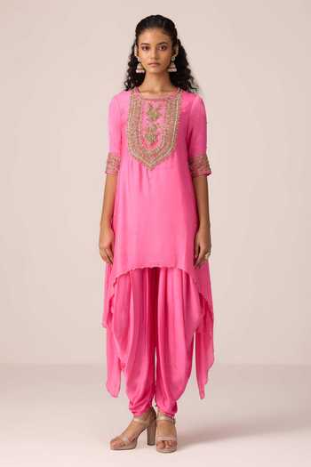 Buy_Shyam Narayan Prasad_Pink Organza, Chinon, Satin Round Neck Zardozi Embroidered Kurta Set _Online_at_Aza_Fashions