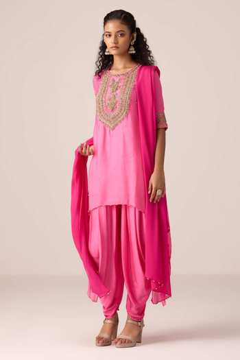 Shop_Shyam Narayan Prasad_Pink Organza, Chinon, Satin Round Neck Zardozi Embroidered Kurta Set _Online_at_Aza_Fashions