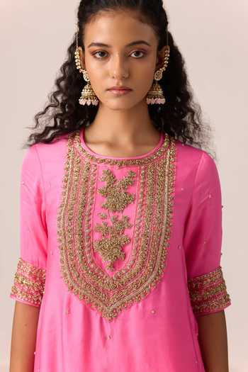 Shop_Shyam Narayan Prasad_Pink Organza, Chinon, Satin Round Neck Zardozi Embroidered Kurta Set 