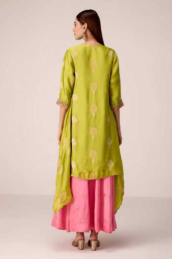 Shop_Shyam Narayan Prasad_Green Organza, Satin Embroidery Scoop Neck Zardozi Kurta And Palazzo Set _at_Aza_Fashions