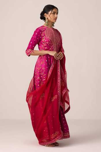 Shyam Narayan Prasad_Pink Silk, Organza, Brocade, Chinon Floral Embroidered Anarkali Pant Set _Online_at_Aza_Fashions