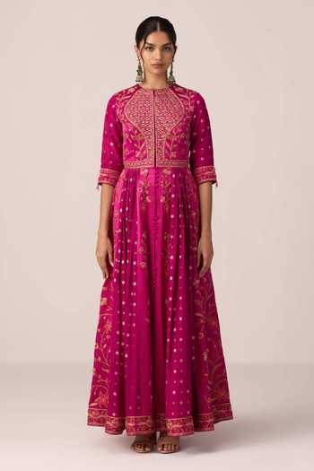 Shop_Shyam Narayan Prasad_Pink Silk, Organza, Brocade, Chinon Floral Embroidered Anarkali Pant Set _Online_at_Aza_Fashions